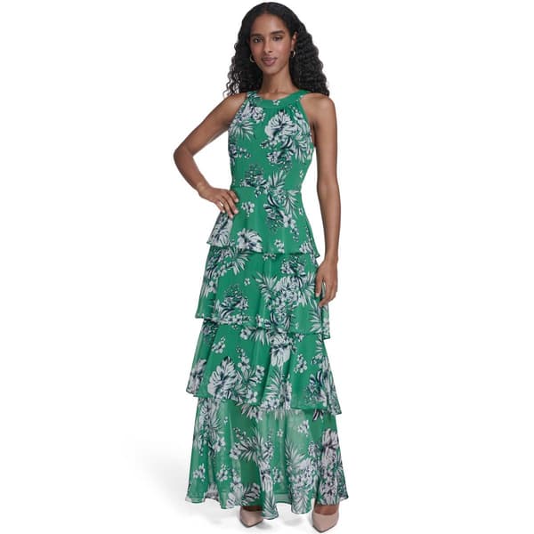 Womens Tommy Hilfiger Sleeveless Halter Print Chiffon Tier Maxi