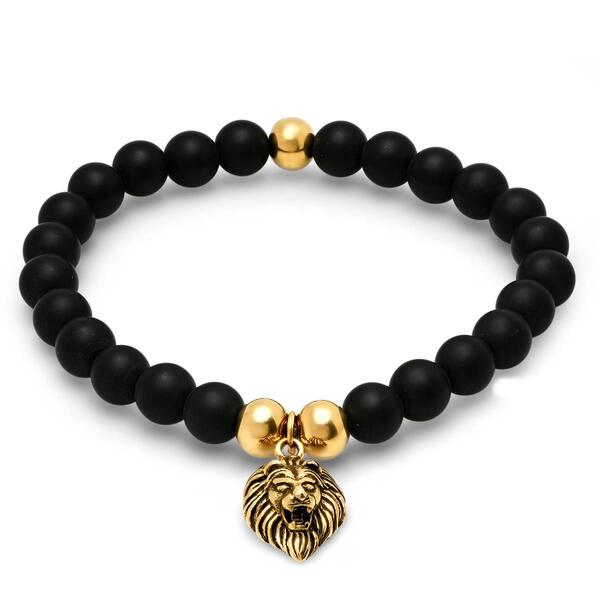 Mens Black Lava Beaded Bracelet with Gold-Plated Lion Accent - image 