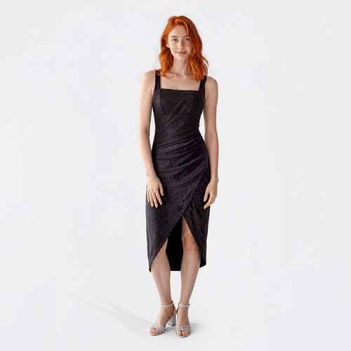Juniors Emerald Sundae Glitter Square Neck Strap Ruch Midi Dress - image 
