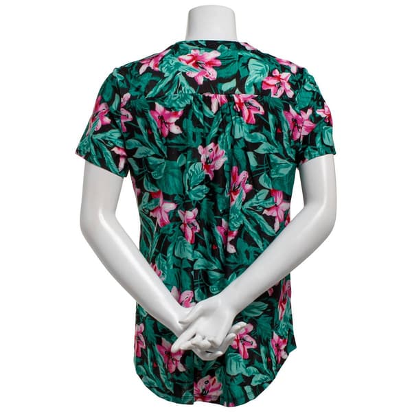 Womens Notations Short Sleeve Floral Leaf Pleated Blouse