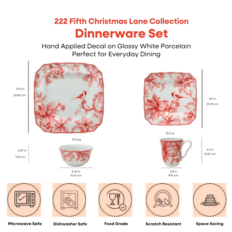 222 Fifth Christmas Lane 16pc. Porcelain Red Dinnerware Set
