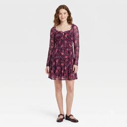 Juniors Jolt Long Sleeve Floral Smock Waist A-Line Dress