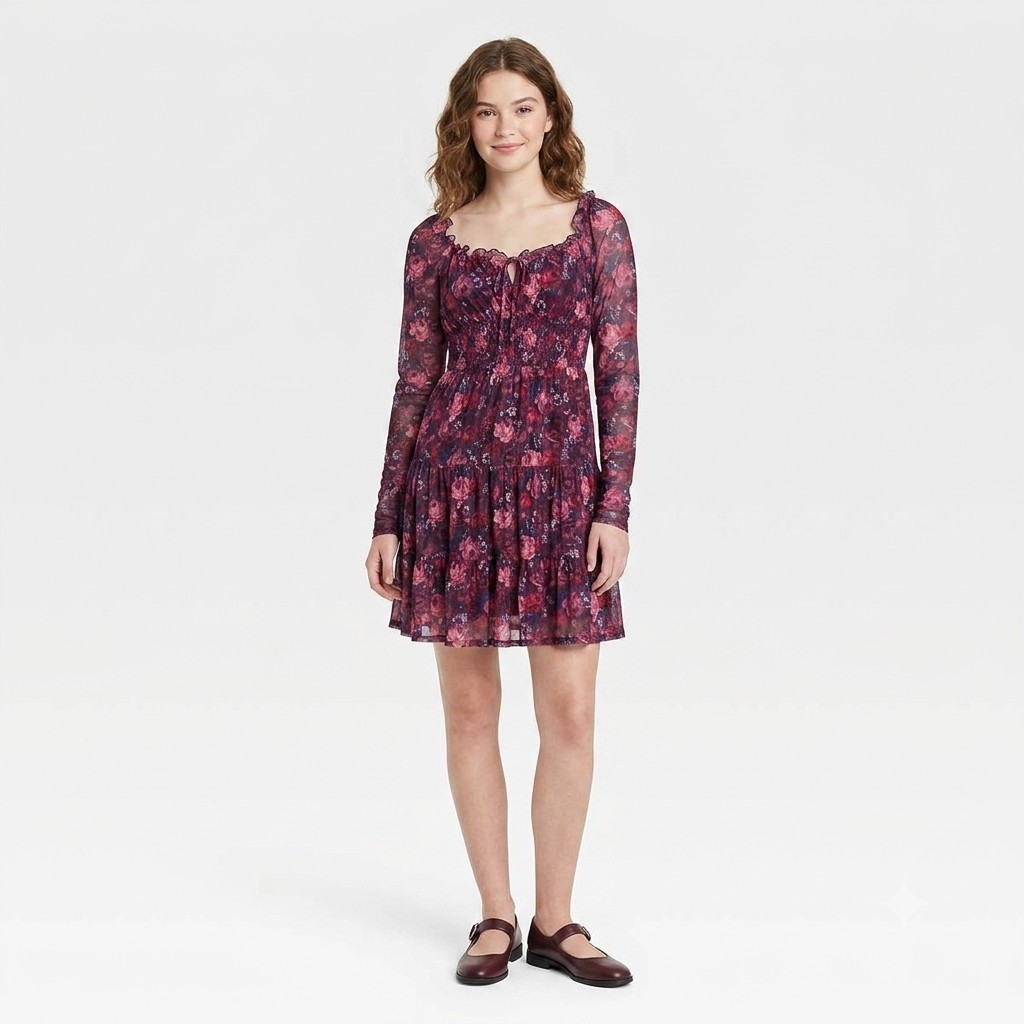 Juniors Jolt Long Sleeve Floral Smock Waist A-Line Dress
