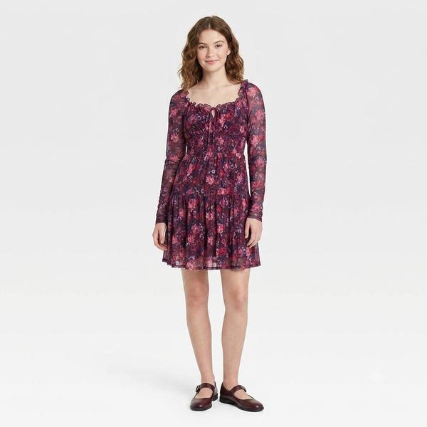 Juniors Jolt Long Sleeve Floral Smock Waist A-Line Dress