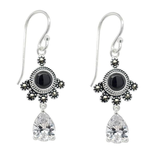 Marsala Fine Silver Plated Marcasite & CZ Drop Earrings - image 