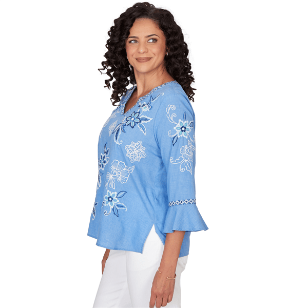 Womens Alfred Dunner Mykonos Split Neck Floral Embroidery Blouse