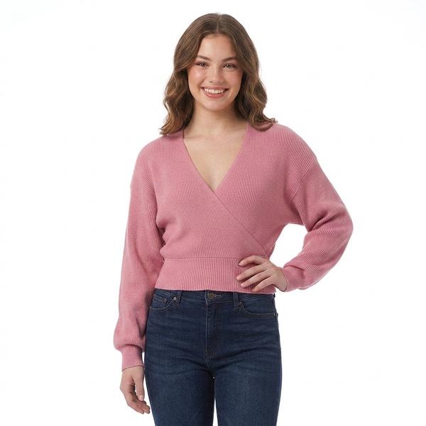 Juniors No Comment Surplice Wrap Rib Pullover Sweater - image 