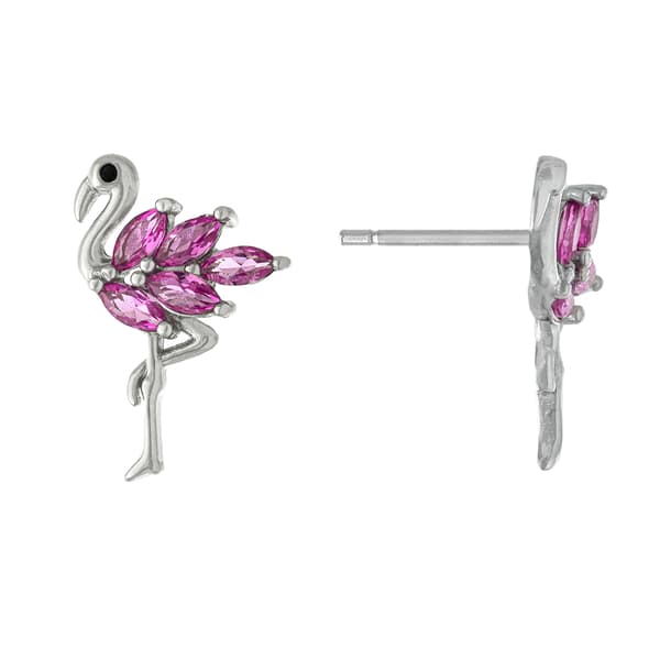Sterling Silver Pink Cubic Zirconia Flamingo Stud Earrings - image 