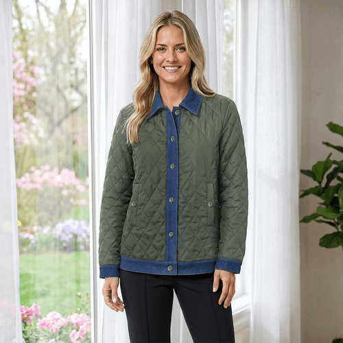 Womens Nanette Lepore Long Sleeve Quilted Denim Trim Jacket