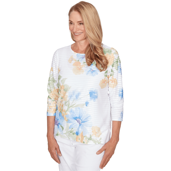 Womens Alfred Dunner Classics 3/4 Sleeve Floral Stripe Blouse