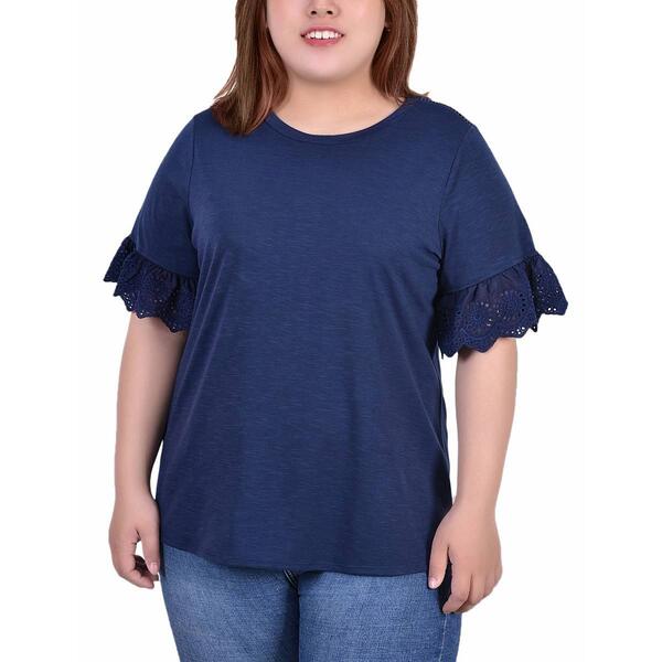 Plus Size NY Collection Ruffle Short Sleeve Scoop Solid Knit Tee - image 