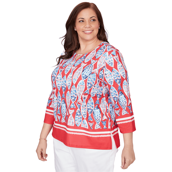 Plus Size Alfred Dunner Port Side 3/4 Sleeve Mosaic Fish Blouse
