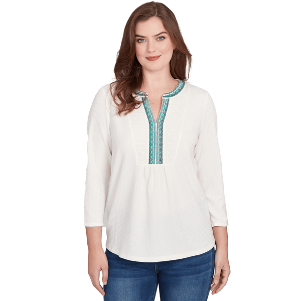 Petite Ruby Rd. Fall Flair Embellished Textured Split Neck Top - image 