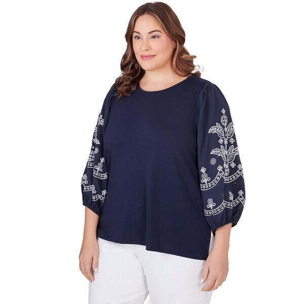 Plus Size Ruby Rd. By The Sea 3/4 Sleeve Knit Embroidered Blouse