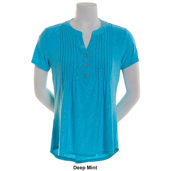 Womens Notations Short Sleeve Solid Texture Jacquard Pleat Henley