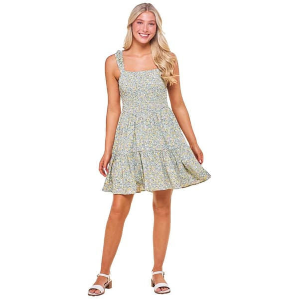 Juniors No Comment Floral Smocked Bodice Tier Sundress Dress - image 