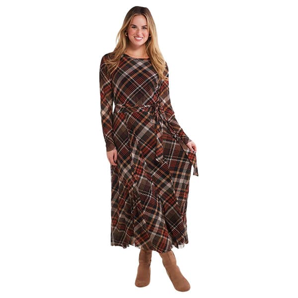 Womens Sandra Darren Long Sleeve Tie Waist Plaid Mesh Dress
