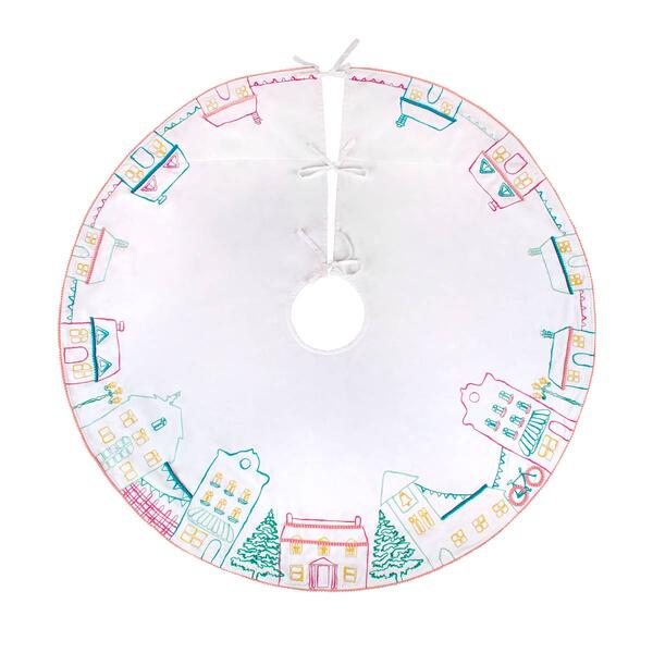 National Tree Village Scene White Velvet Tree Skirt w/ Embroidery - image 