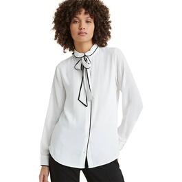 Womens DKNY Solid Long Sleeve Button Front Tipped Blouse