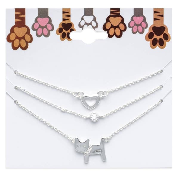 Three Silver-Tone Open Heart/Crystal/ Cat Charm Necklace Set