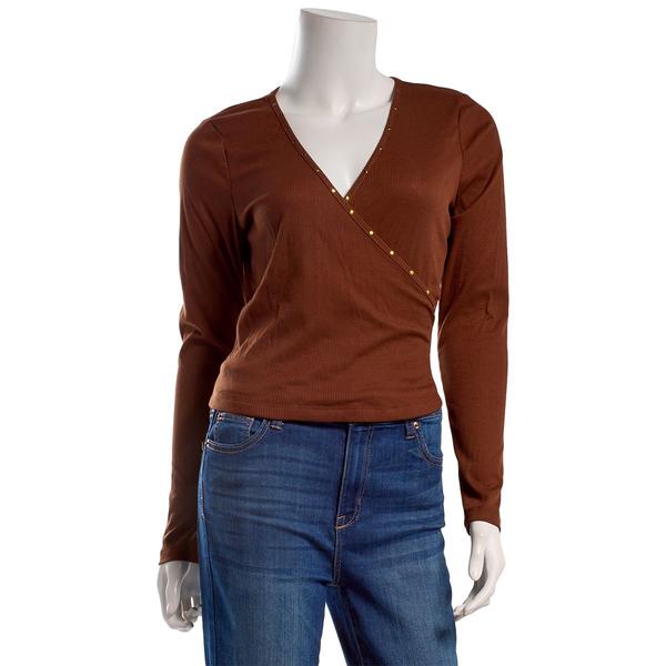 Juniors No Comment Long Sleeve Rib Studded Wrap Top - image 