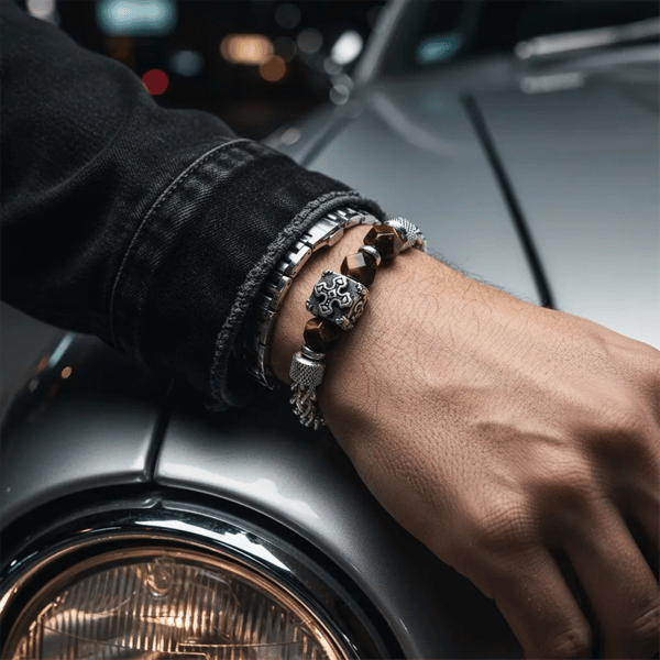 Mens Iron Saints Cross Tiger’s Eye Bead Chain Bracelet