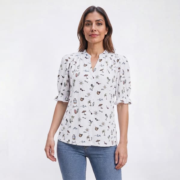 Womens Emily Daniels Beach Motif Waffle Button Front Blouse