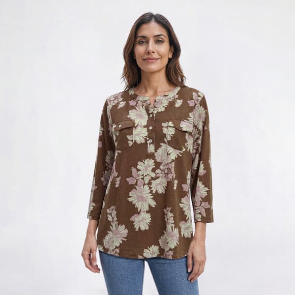 Petite Hasting & Smith Chest Pockets Floral Henley Blouse - image 
