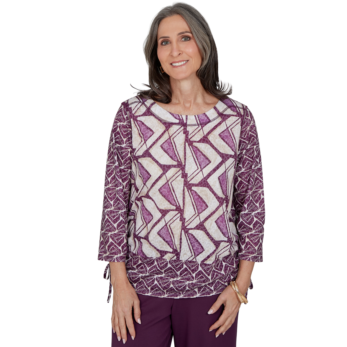 Petite Alfred Dunner Good To Go 3/4 Sleeve Geometric Blouse
