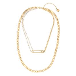 Steve Madden 2 Row Faux Pearl Strand & Pave Safety Pin Necklace