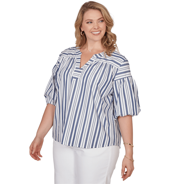 Plus Size Ruby Rd. French Riviera Elbow Puff Sleeve Stripe Blouse