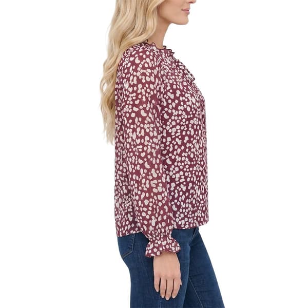 Womens NY Collection Long Sleeve Tie Neck Abstract Dot Blouse