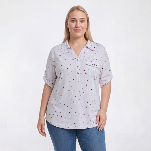 Plus Size Emily Daniels Roll Tab Elbow Sleeve Star Dot Blouse - image 