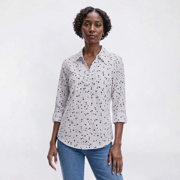 Womens Emily Daniels 3/4 Roll Tab Sleeve Star Button Down - image 
