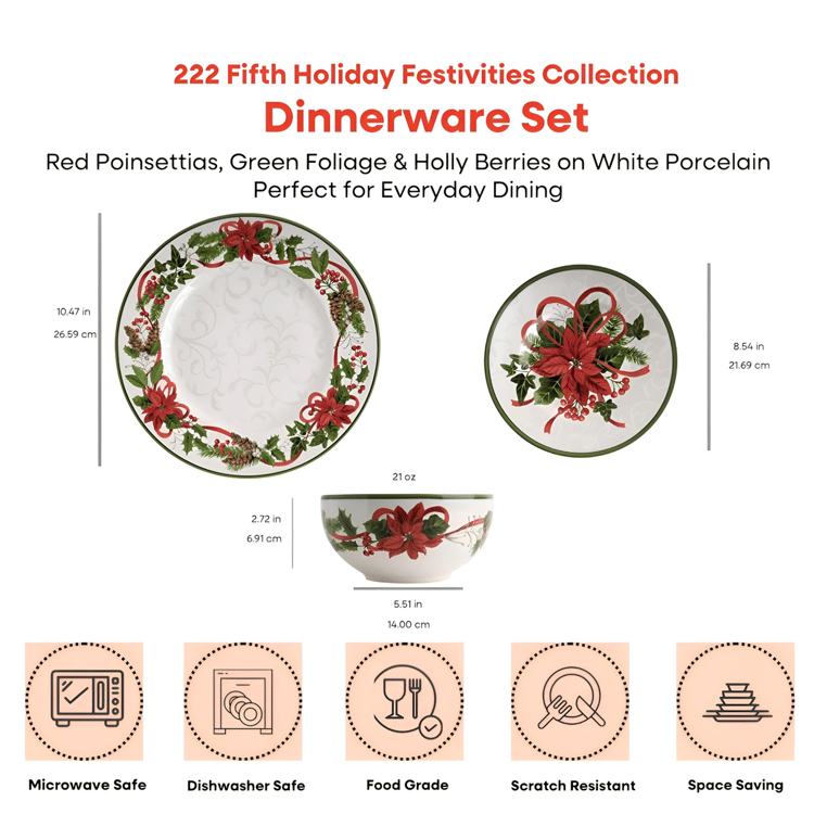 222 Fifth Holiday Festivities 12pc. Porcelain Dinnerware Set