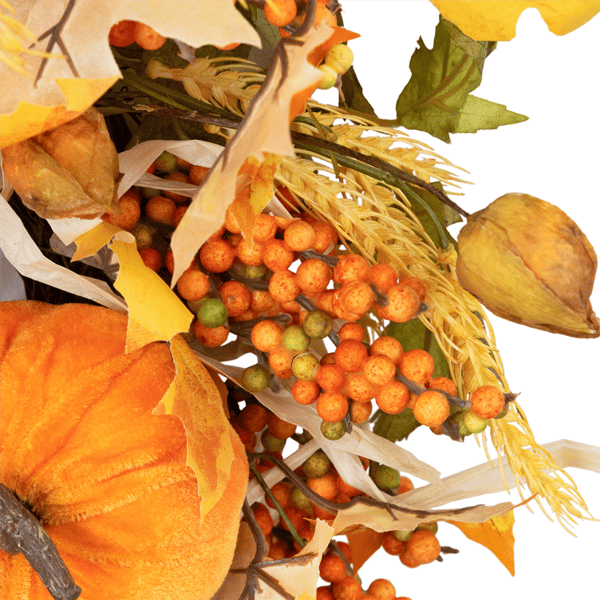 Northlight 24in. Velvet Pumpkins &amp; Wheat Fall Harvest Wreath