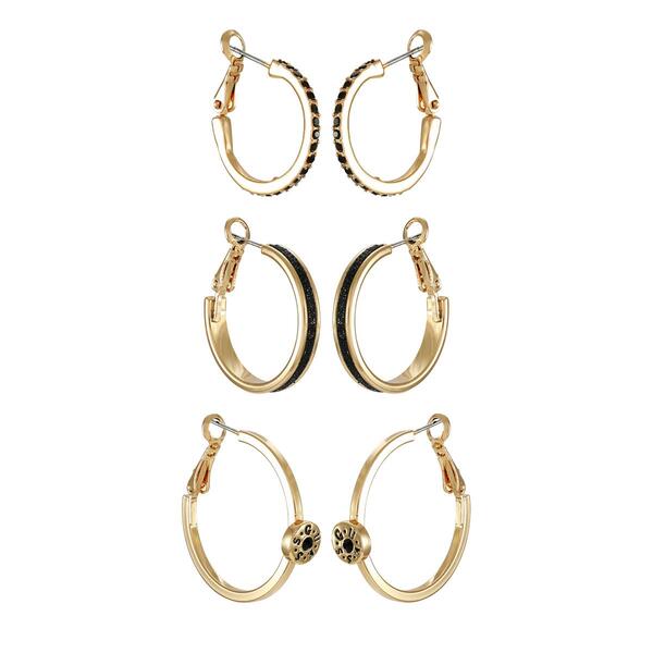 Guess 3 pair Gold-Tone Jet Pave & Glitter Hoop Earrings - image 