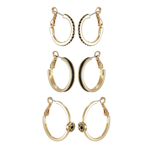 Guess 3 pair Gold-Tone Jet Pave & Glitter Hoop Earrings - image 