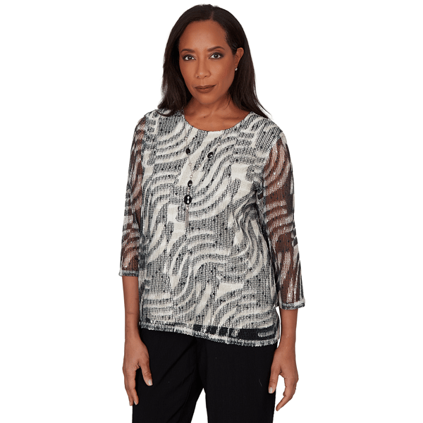 Womens Alfred Dunner Detail Driven 3/4 Sleeve Abstract Blouse