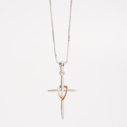 Sterling Silver & Rose Gold Cross Pendant Necklace