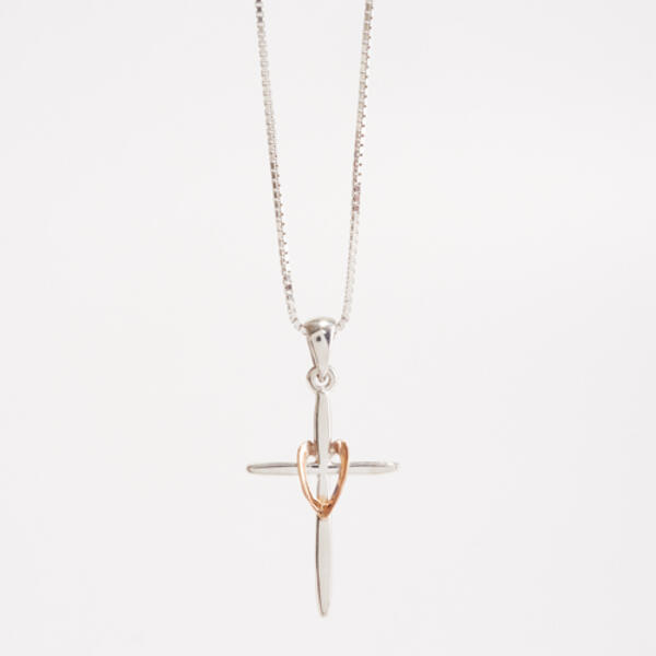 Sterling Silver & Rose Gold Cross Pendant Necklace - image 