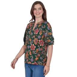 Womens Ruby Rd. Game of Luxe Elbow Sleeve Floral Vines Blouse