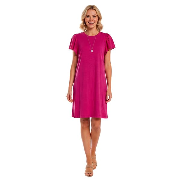 Womens Absolutely Famous Scallop Sleeve Crew Neck Shift Dress