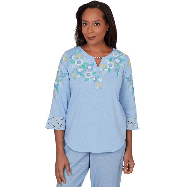 Petite Alfred Dunner Caribbean Blues Floral Embroidery Blouse