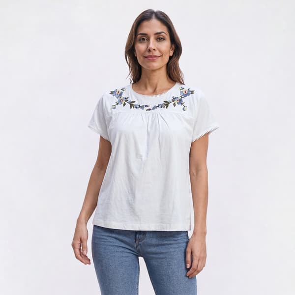 Petite Architect(R) Short Sleeve Floral Embroidery Yoke Blouse - image 