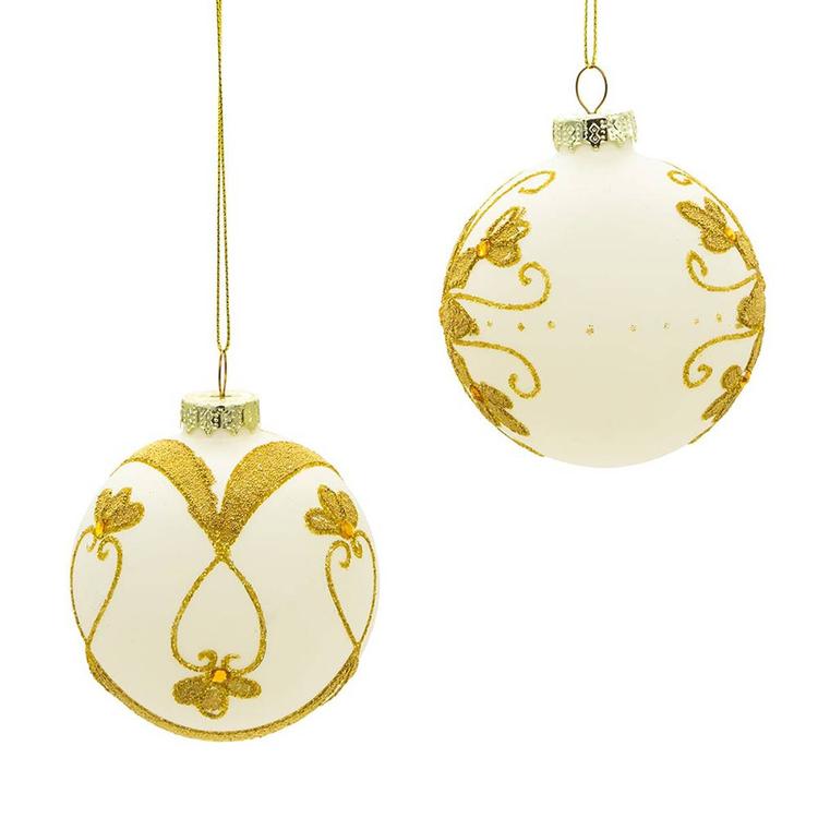 Kurt Adler 80mm White Balls w/ Gold Beads 6pc. Set