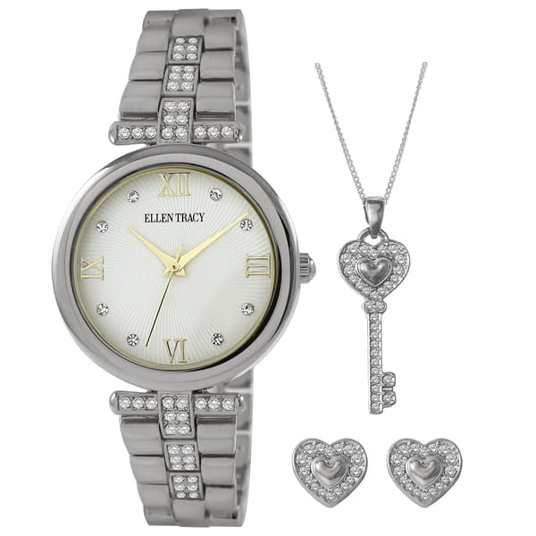 Ellen Tracy Silver Tone Watch Key Pendant & Earrings Set - image 