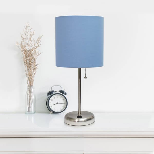 LimeLights Brushed Steel Lamp/USB Charge Port/Blue Shade-Set of 2