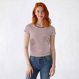 Juniors Pink Rose Short Sleeve Rib Stripe Side Ruch Tee