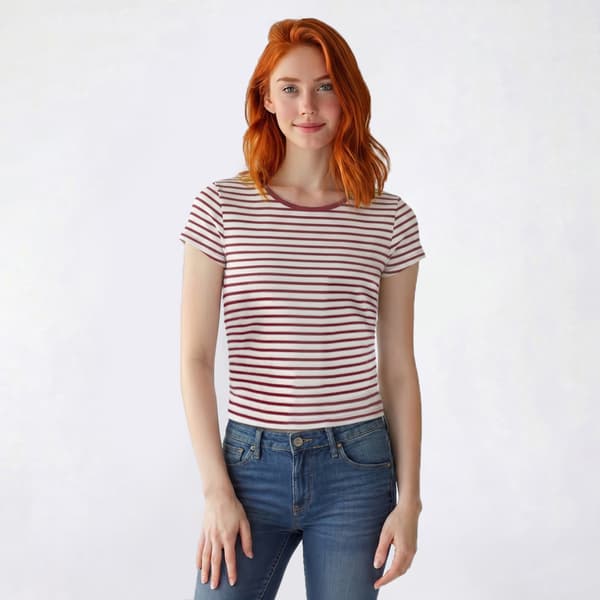 Juniors Pink Rose Short Sleeve Rib Stripe Side Ruch Tee